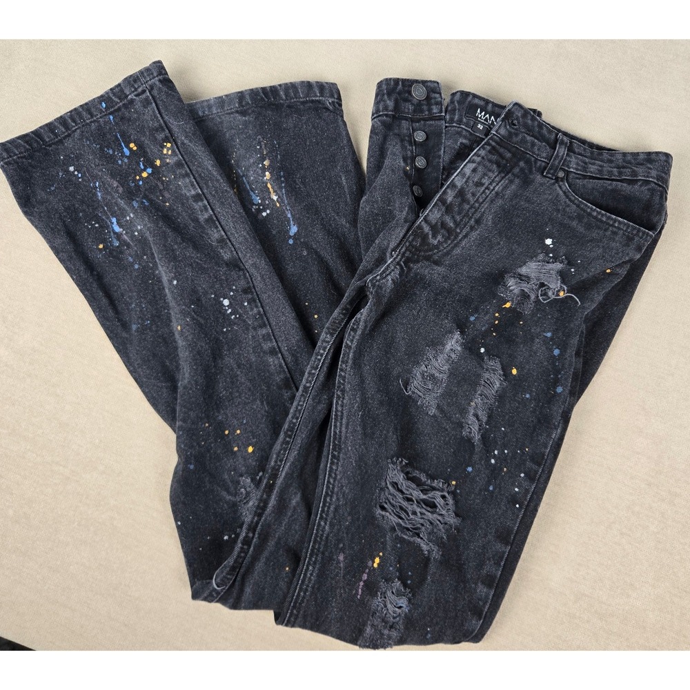 BoohooMAN Mens 32X35 Distressed Paint Splatter Jeans Washed Black Straight Leg